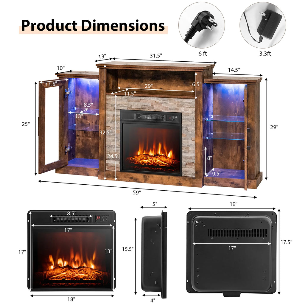 Fireplace TV Stand W/ Led Lights & 18" Electric Fireplace for for 65" Wall-Mounted TV