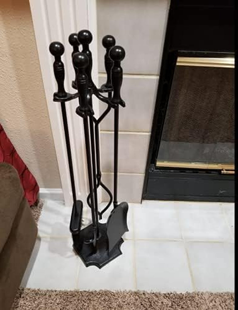 5 Pcs Fireplace Tool Set Black 31” Large - Shovel, Brush, Poker, Tongs, Stand - Heavy Duty Wrought Iron Tools with Decorative Finish - Ergonomic Ball Handles