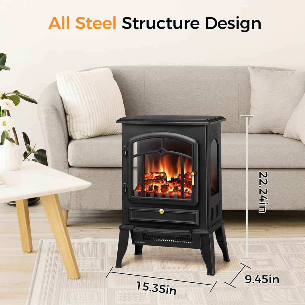 22" Electric Fireplace Heater,Freestanding Fireplace Stove with Realistic Flames,1000/1500W Fireplace Heater with Overheating Protection,Adjustable Flame Brightness(Black)