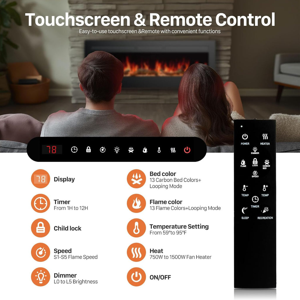 60" Electric Fireplace Wall Mounted or Recessed Insert, 1500W/750W Freestanding Fireplaces Heater with Remote Control,13 Adjustable Flame Color, 12H Timer, Touch Screen