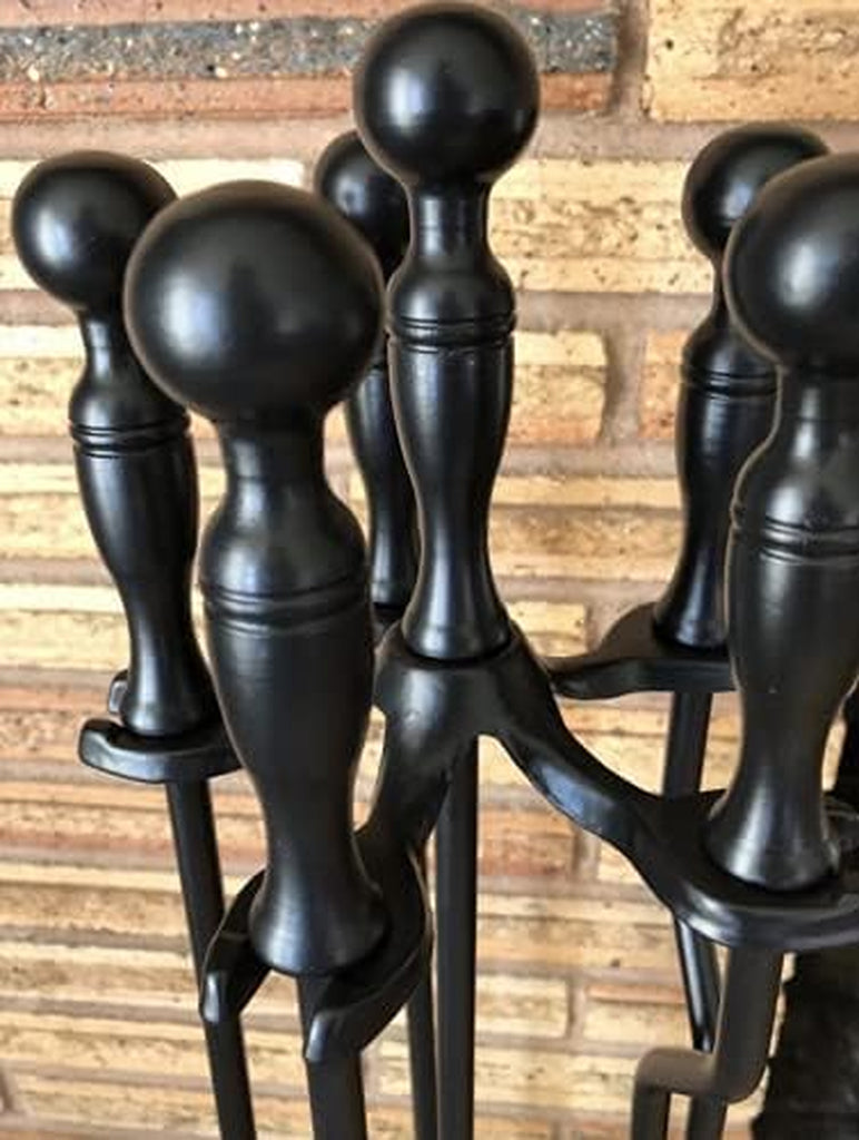 5 Pcs Fireplace Tool Set Black 31” Large - Shovel, Brush, Poker, Tongs, Stand - Heavy Duty Wrought Iron Tools with Decorative Finish - Ergonomic Ball Handles