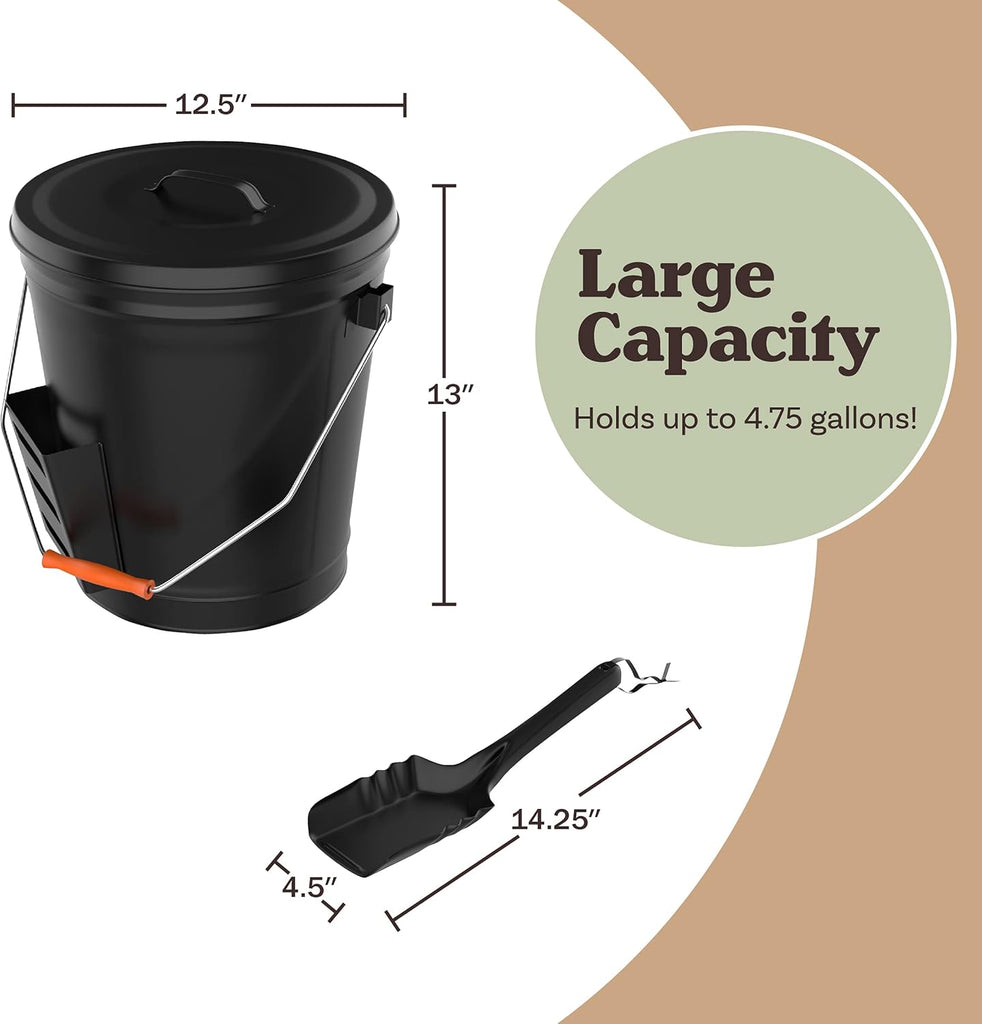 Ash Bucket - 4.75-Gallon Metal Bucket with Lid and Shovel for Fireplace or Firepit Ashes - Heat Resistant Fireplace Tools by  (Black)