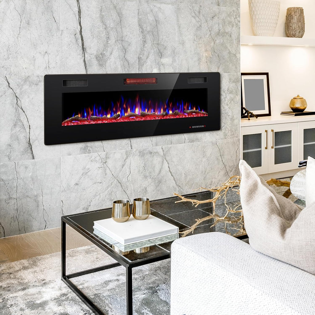 60" Recessed and Wall Mounted Electric Fireplace, Low Noise, Fit for 2 X 6 Stud, Remote Control with Timer, Touch Screen, Adjustable Flame Color and Speed, 750-1500W