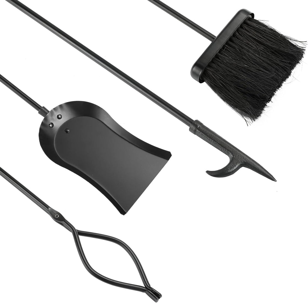 5 Pieces Fireplace Tools Sets Wrought Iron Firewood Kit with Handle Durable Tool Set and Holder for Fire Pit Stand Indoor Tong Shovel Poker Brush Firewood Accessories (Black)