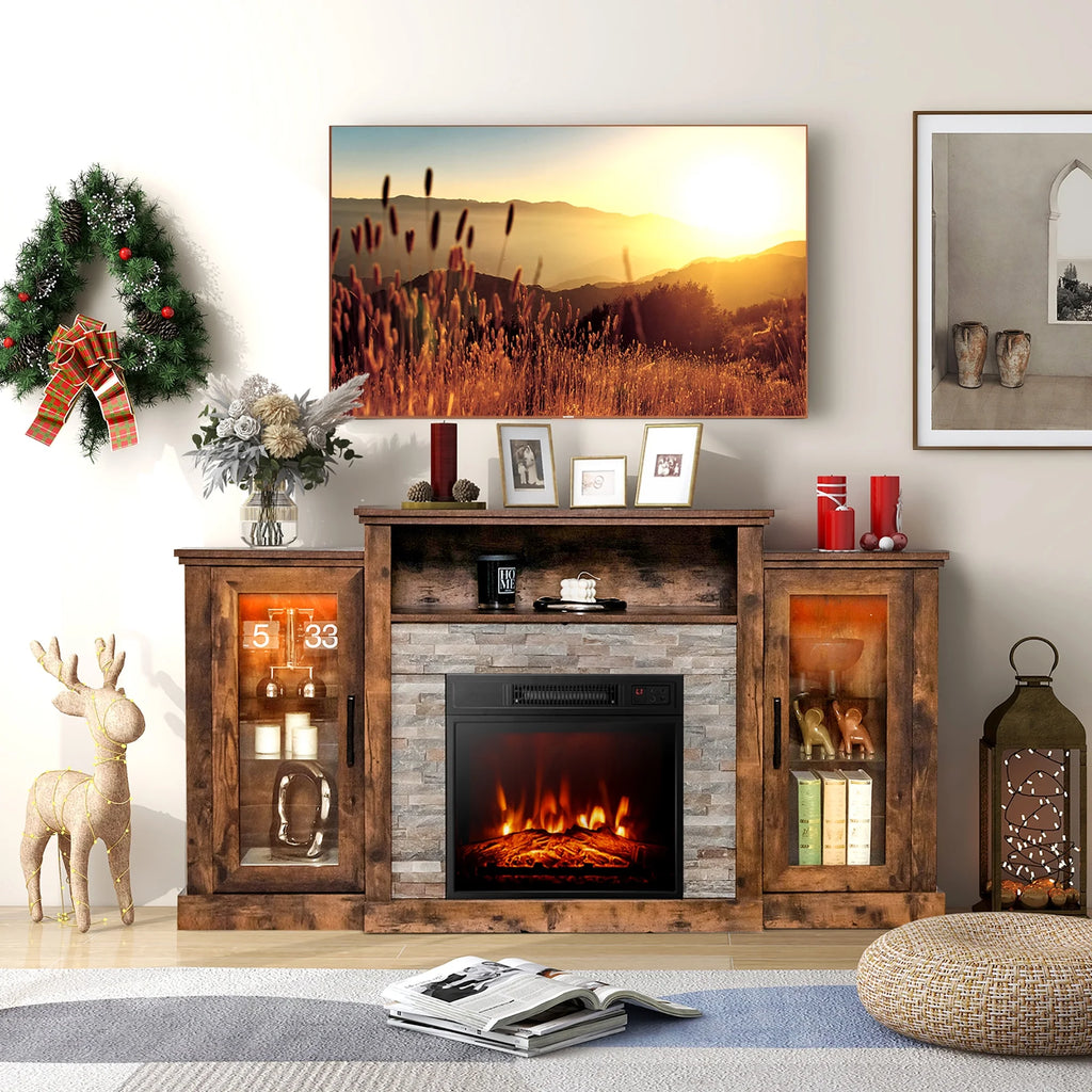 Fireplace TV Stand W/ Led Lights & 18" Electric Fireplace for for 65" Wall-Mounted TV