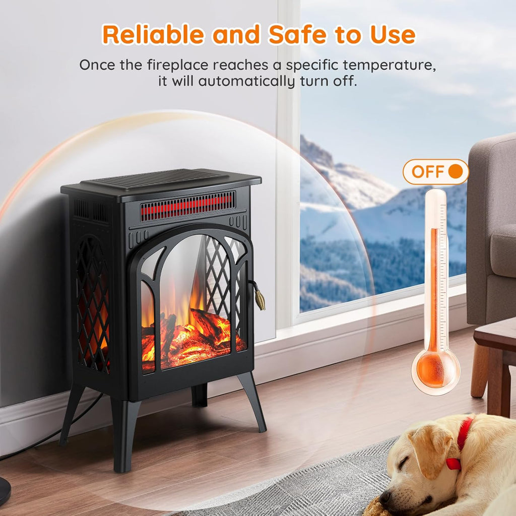 Small Electric Fireplace Heater, 1500W Infrared Fireplace Stove with 3D Flame Effect, Adjustable Thermostat, 8H Timer, Remote Control, Freestanding Space Heaters for Indoor Use Large Room Safe