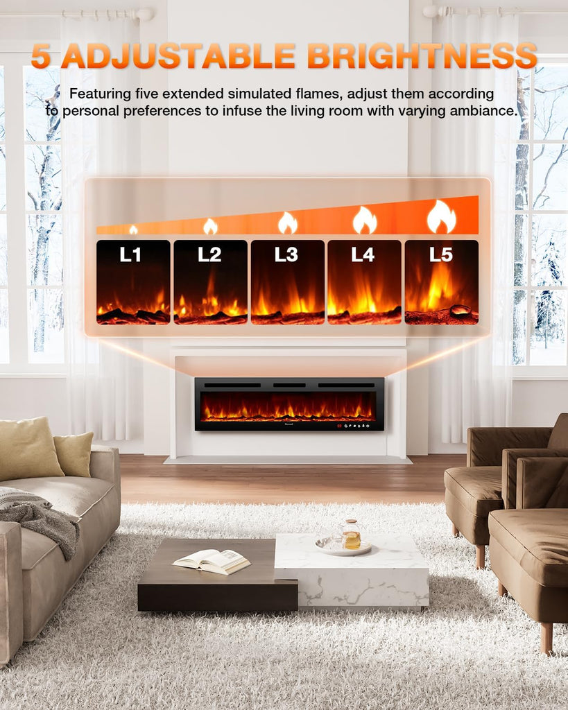 Electric Fireplace 60Inch,Realistic Flame Electric Fireplace Heater,Log Set,Crystal Flames 750-1500W with Timer Inserts,Wall Mounted,Tv Stand Touch Screen & Remote for Living Room Easy Install