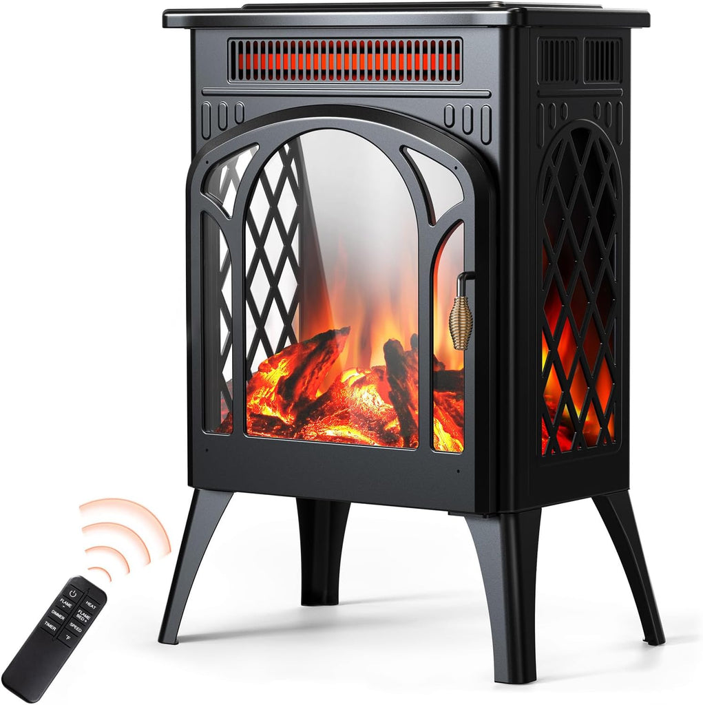 Small Electric Fireplace Heater, 1500W Infrared Fireplace Stove with 3D Flame Effect, Adjustable Thermostat, 8H Timer, Remote Control, Freestanding Space Heaters for Indoor Use Large Room Safe