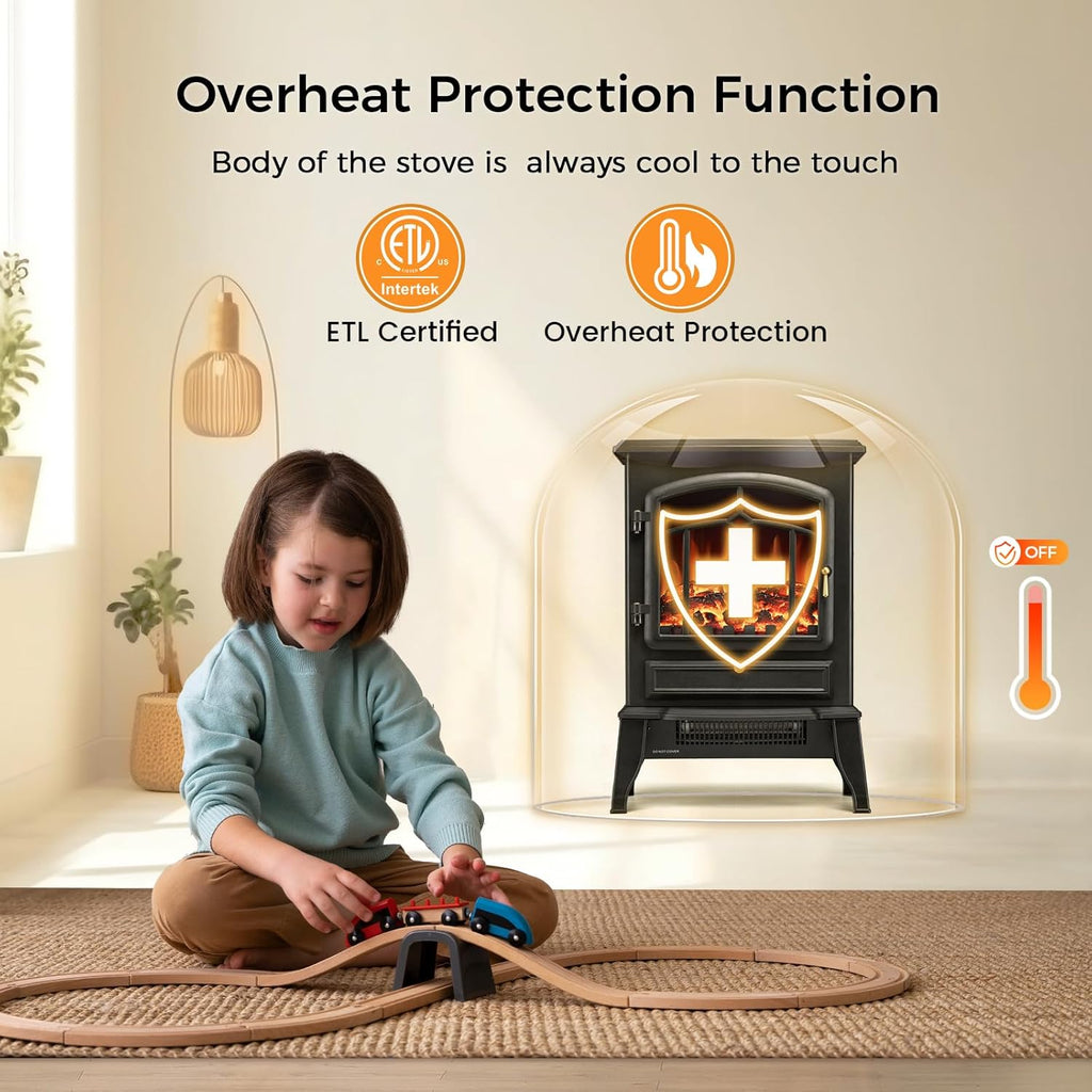 22" Electric Fireplace Heater,Freestanding Fireplace Stove with Realistic Flames,1000/1500W Fireplace Heater with Overheating Protection,Adjustable Flame Brightness(Black)