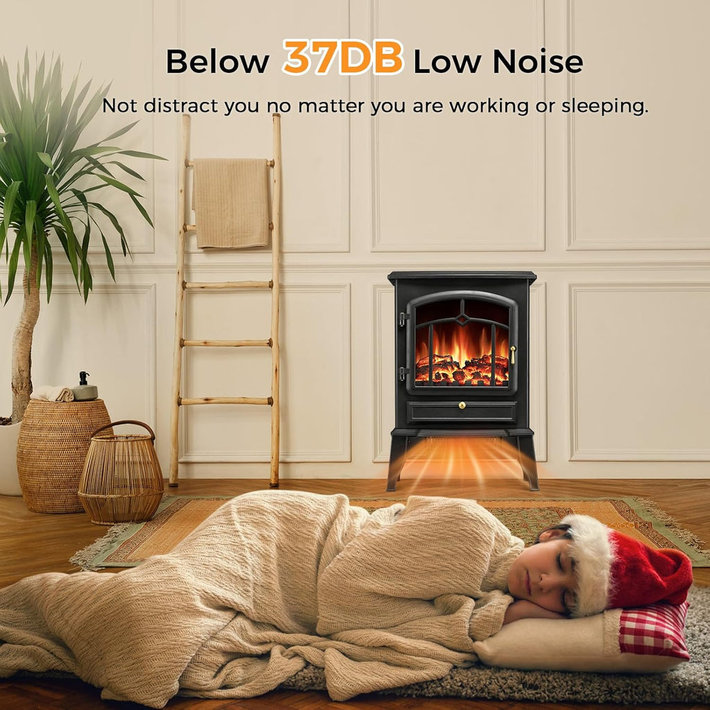 22" Electric Fireplace Heater,Freestanding Fireplace Stove with Realistic Flames,1000/1500W Fireplace Heater with Overheating Protection,Adjustable Flame Brightness(Black)