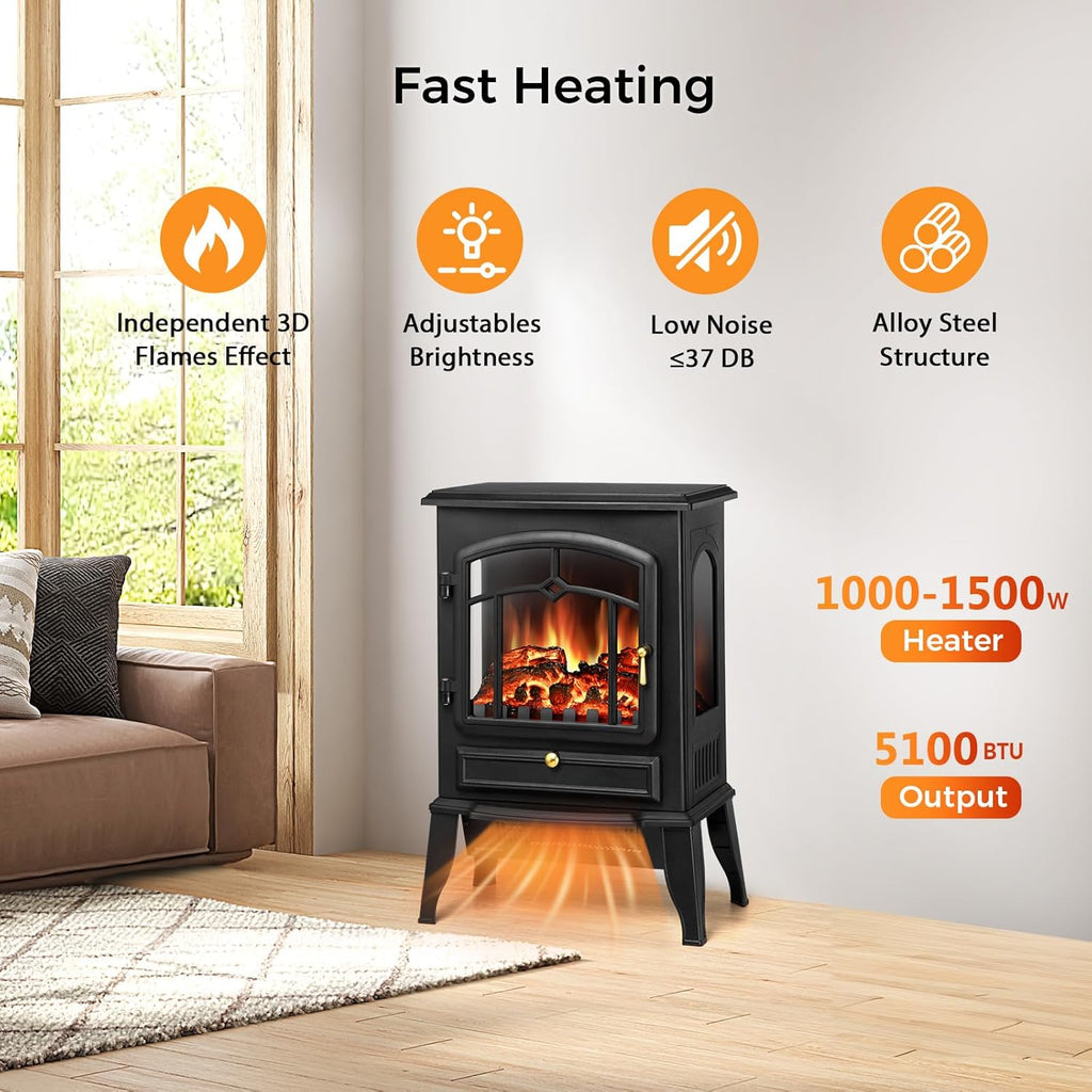 22" Electric Fireplace Heater,Freestanding Fireplace Stove with Realistic Flames,1000/1500W Fireplace Heater with Overheating Protection,Adjustable Flame Brightness(Black)