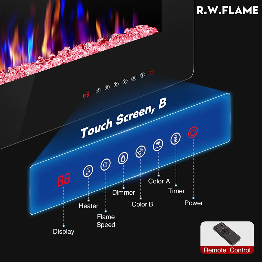 60" Recessed and Wall Mounted Electric Fireplace, Low Noise, Fit for 2 X 6 Stud, Remote Control with Timer, Touch Screen, Adjustable Flame Color and Speed, 750-1500W