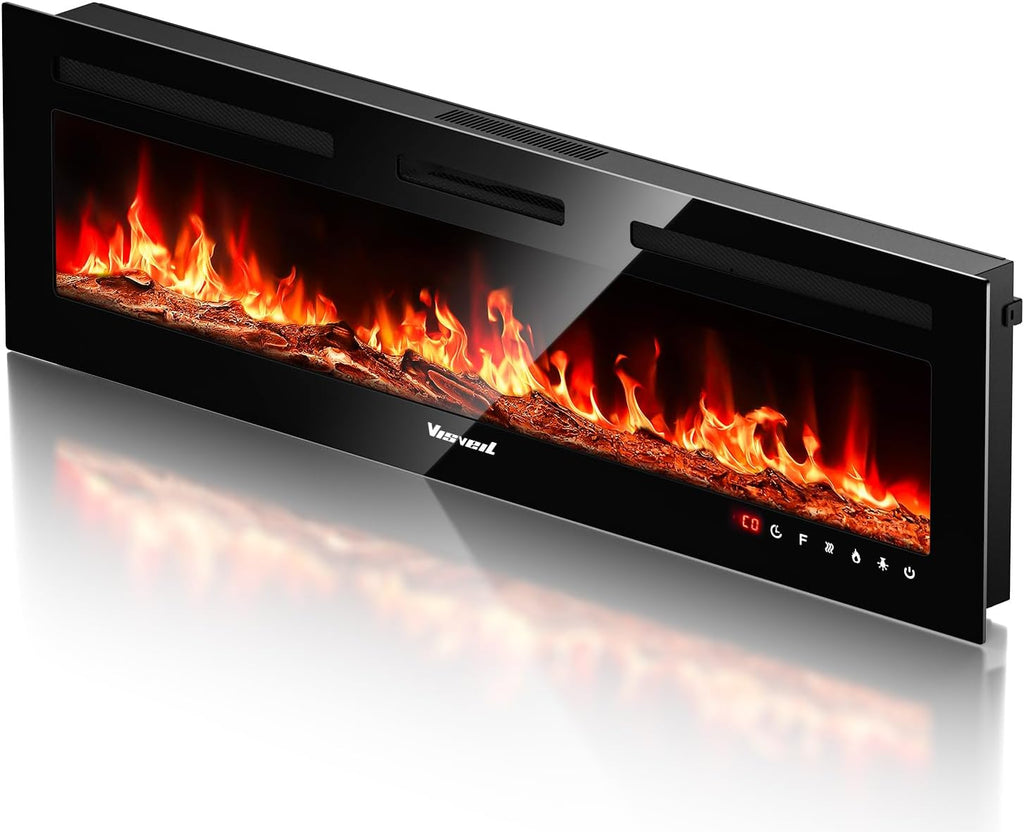 Electric Fireplace 60Inch,Realistic Flame Electric Fireplace Heater,Log Set,Crystal Flames 750-1500W with Timer Inserts,Wall Mounted,Tv Stand Touch Screen & Remote for Living Room Easy Install