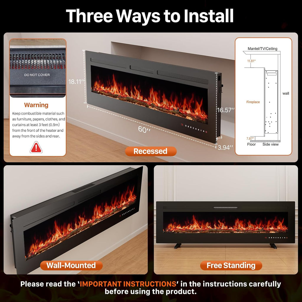 60" Electric Fireplace Wall Mounted or Recessed Insert, 1500W/750W Freestanding Fireplaces Heater with Remote Control,13 Adjustable Flame Color, 12H Timer, Touch Screen