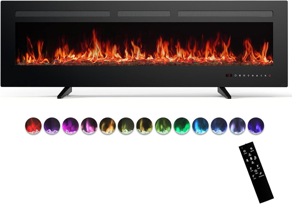 60" Electric Fireplace Wall Mounted or Recessed Insert, 1500W/750W Freestanding Fireplaces Heater with Remote Control,13 Adjustable Flame Color, 12H Timer, Touch Screen