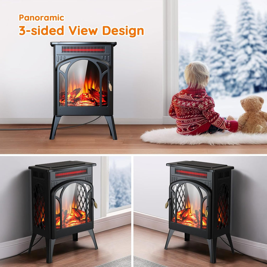 Small Electric Fireplace Heater, 1500W Infrared Fireplace Stove with 3D Flame Effect, Adjustable Thermostat, 8H Timer, Remote Control, Freestanding Space Heaters for Indoor Use Large Room Safe