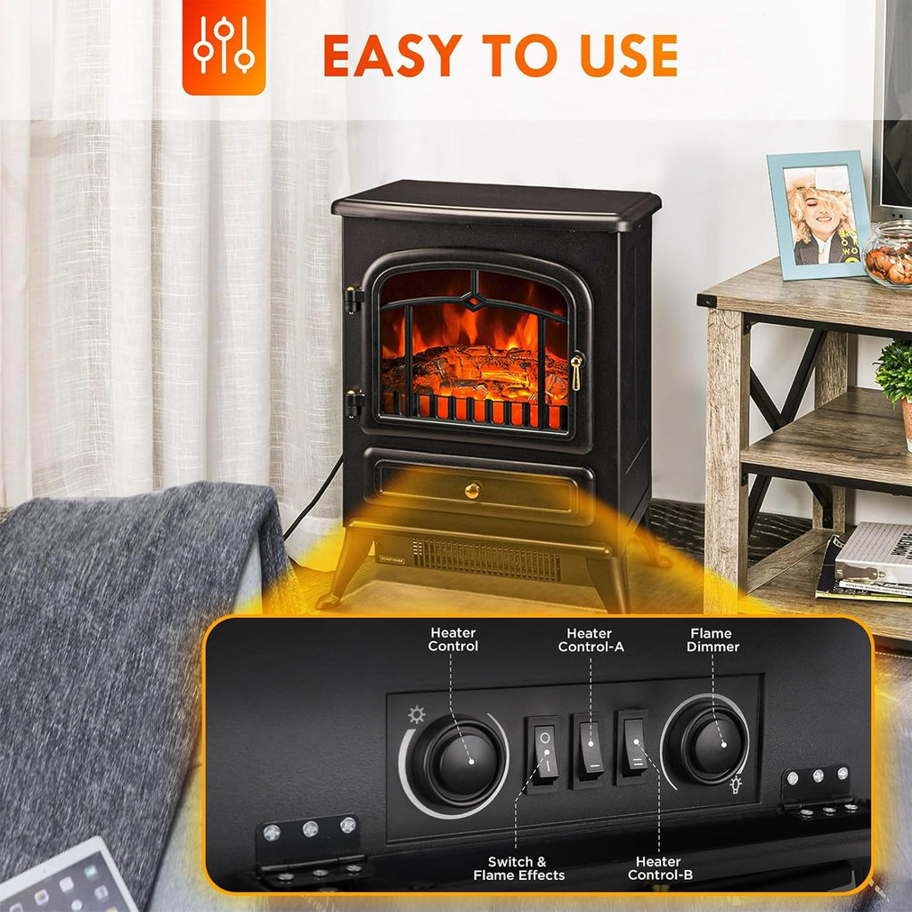 22" Electric Fireplace Heater,Freestanding Fireplace Stove with Realistic Flames,1000/1500W Fireplace Heater with Overheating Protection,Adjustable Flame Brightness(Black)