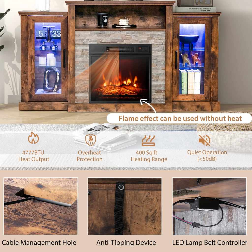 Fireplace TV Stand W/ Led Lights & 18" Electric Fireplace for for 65" Wall-Mounted TV