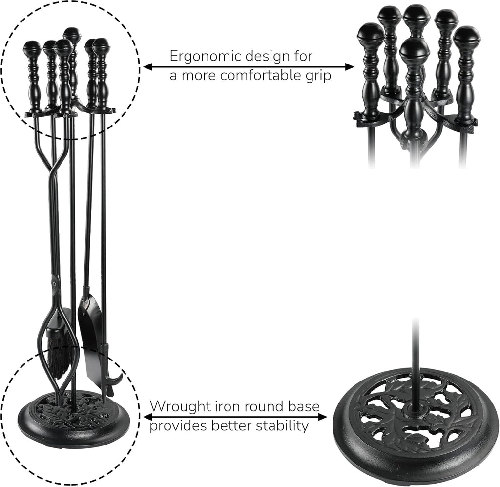 5 Pieces Fireplace Tools Sets Wrought Iron Firewood Kit with Handle Durable Tool Set and Holder for Fire Pit Stand Indoor Tong Shovel Poker Brush Firewood Accessories (Black)