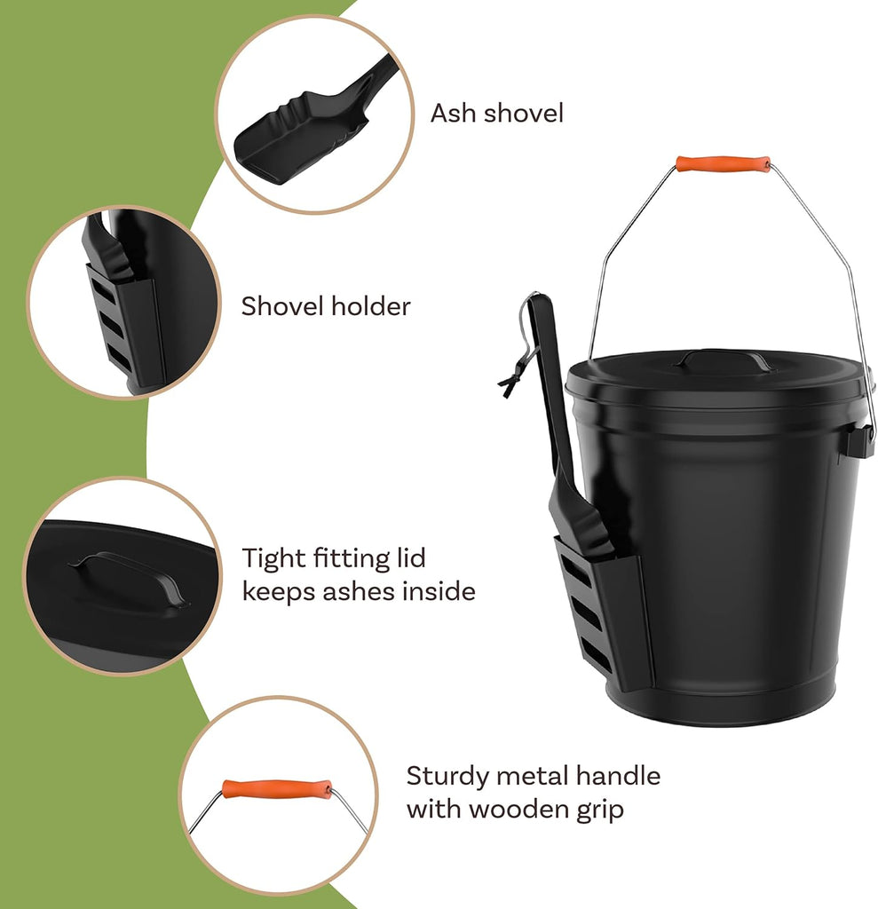 Ash Bucket - 4.75-Gallon Metal Bucket with Lid and Shovel for Fireplace or Firepit Ashes - Heat Resistant Fireplace Tools by  (Black)