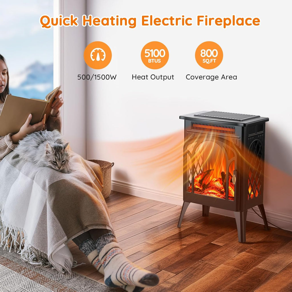 Small Electric Fireplace Heater, 1500W Infrared Fireplace Stove with 3D Flame Effect, Adjustable Thermostat, 8H Timer, Remote Control, Freestanding Space Heaters for Indoor Use Large Room Safe