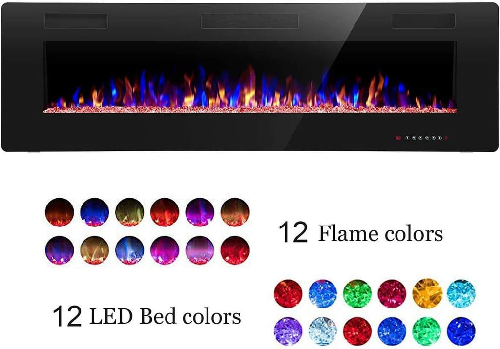60" Recessed and Wall Mounted Electric Fireplace, Low Noise, Fit for 2 X 6 Stud, Remote Control with Timer, Touch Screen, Adjustable Flame Color and Speed, 750-1500W