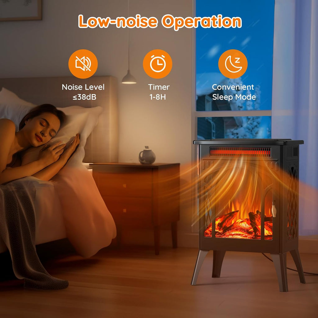 Small Electric Fireplace Heater, 1500W Infrared Fireplace Stove with 3D Flame Effect, Adjustable Thermostat, 8H Timer, Remote Control, Freestanding Space Heaters for Indoor Use Large Room Safe