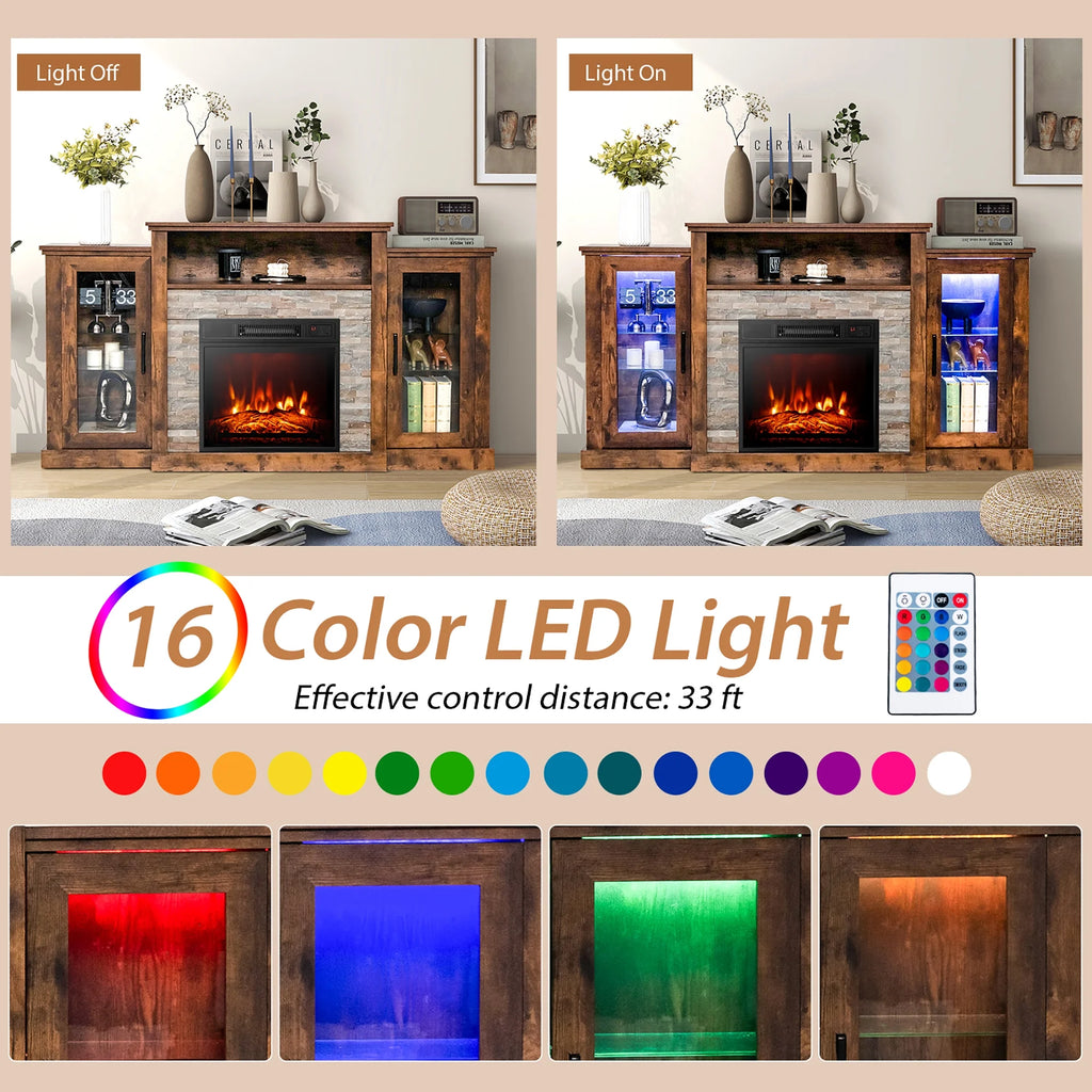 Fireplace TV Stand W/ Led Lights & 18" Electric Fireplace for for 65" Wall-Mounted TV