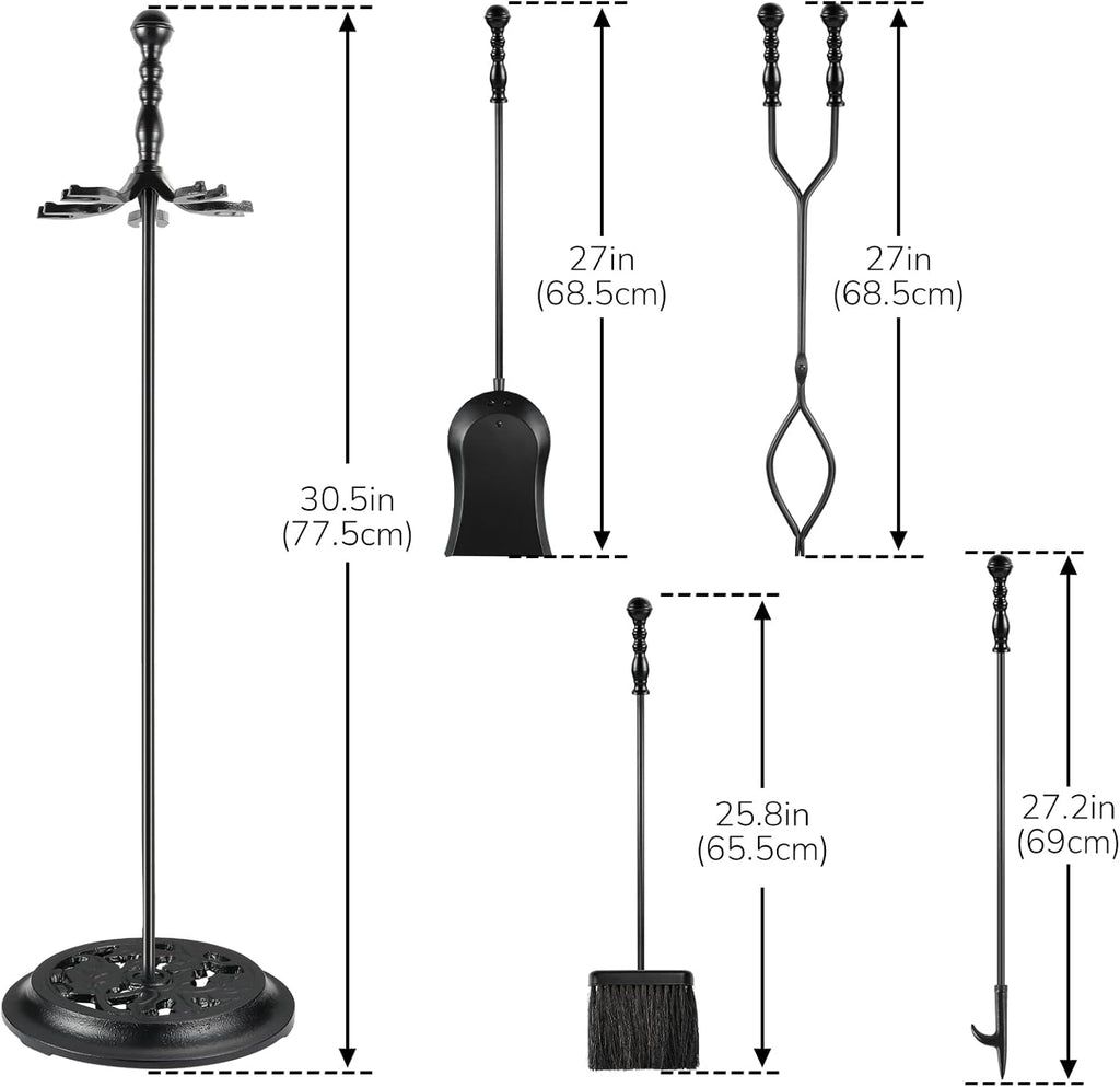 5 Pieces Fireplace Tools Sets Wrought Iron Firewood Kit with Handle Durable Tool Set and Holder for Fire Pit Stand Indoor Tong Shovel Poker Brush Firewood Accessories (Black)