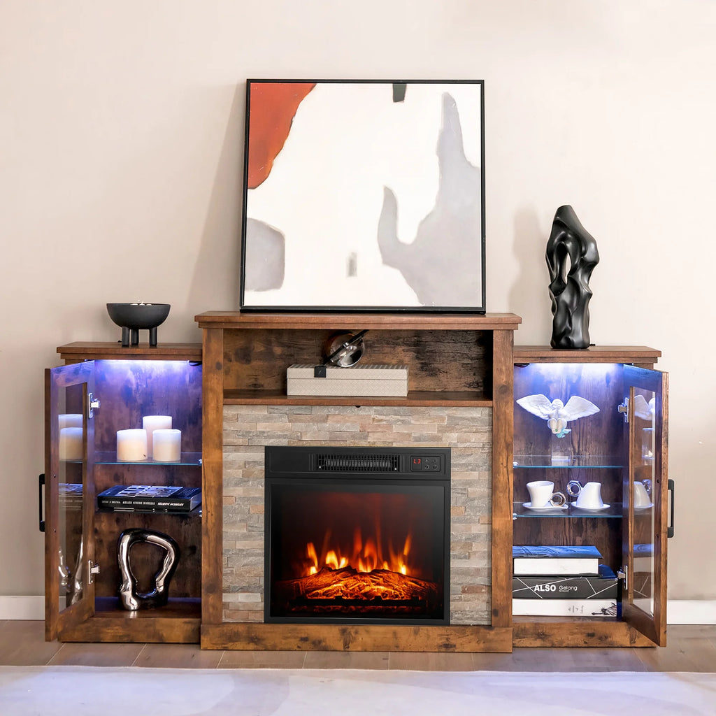 Fireplace TV Stand W/ Led Lights & 18" Electric Fireplace for for 65" Wall-Mounted TV