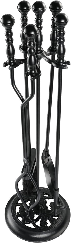 5 Pieces Fireplace Tools Sets Wrought Iron Firewood Kit with Handle Durable Tool Set and Holder for Fire Pit Stand Indoor Tong Shovel Poker Brush Firewood Accessories (Black)