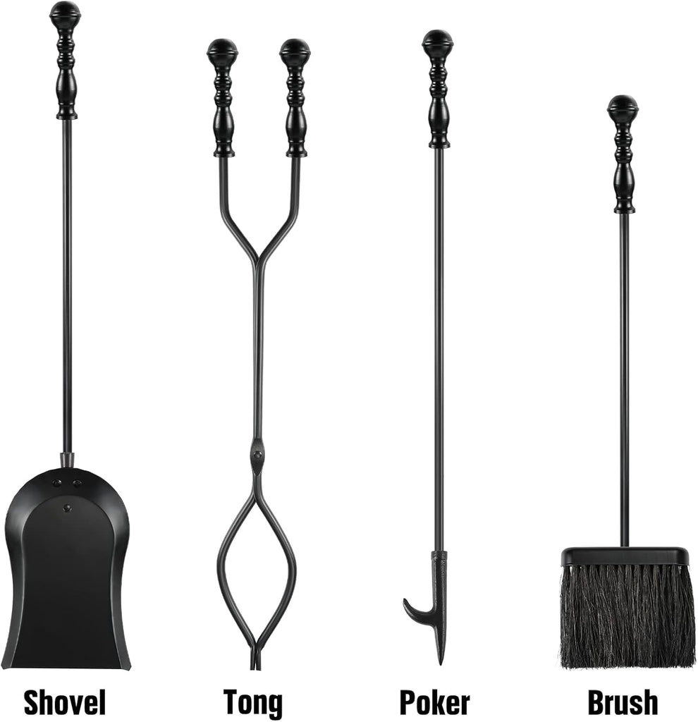 5 Pieces Fireplace Tools Sets Wrought Iron Firewood Kit with Handle Durable Tool Set and Holder for Fire Pit Stand Indoor Tong Shovel Poker Brush Firewood Accessories (Black)