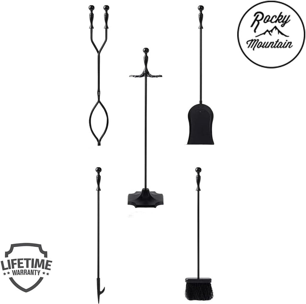 5 Pcs Fireplace Tool Set Black 31” Large - Shovel, Brush, Poker, Tongs, Stand - Heavy Duty Wrought Iron Tools with Decorative Finish - Ergonomic Ball Handles