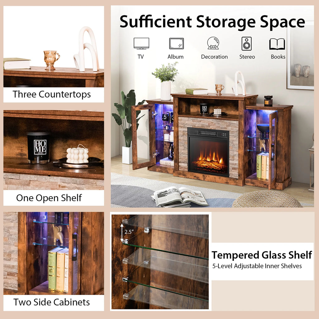 Fireplace TV Stand W/ Led Lights & 18" Electric Fireplace for for 65" Wall-Mounted TV