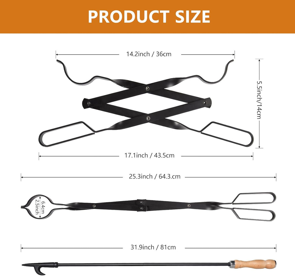 Heavy Duty 32” Long Fireplace Fire Pit Campfire Poker Stick and 26” Fireplace Tongs Tool Sets, Log Grabber, Rust Resistant Black Finish Camping Fireplace Tools for Indoor/Outdoor